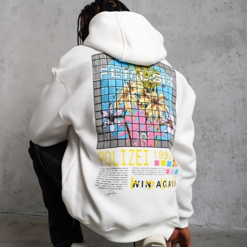 Erkek 3 İplik Pamuklu Kapüşonlu Baskılı Cepli Oversize Sweatshirt Hoodie - Beyaz