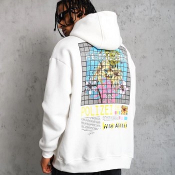 Erkek 3 İplik Pamuklu Kapüşonlu Baskılı Cepli Oversize Sweatshirt Hoodie - Beyaz