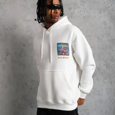 Erkek 3 İplik Pamuklu Kapüşonlu Baskılı Cepli Oversize Sweatshirt Hoodie - Beyaz