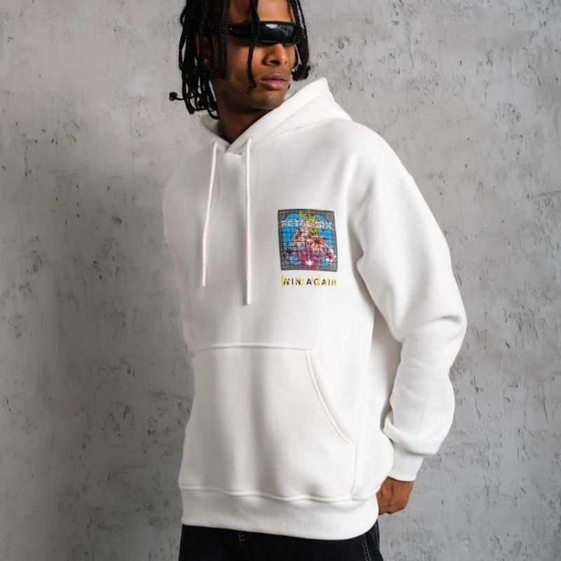 Erkek 3 İplik Pamuklu Kapüşonlu Baskılı Cepli Oversize Sweatshirt Hoodie - Beyaz