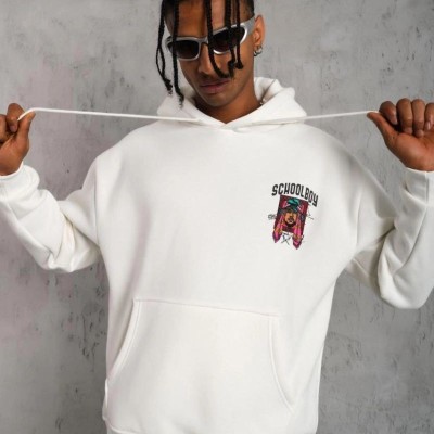 Erkek 3 İplik Pamuklu Kapüşonlu Baskılı Cepli Oversize Sweatshirt Hoodie - Beyaz