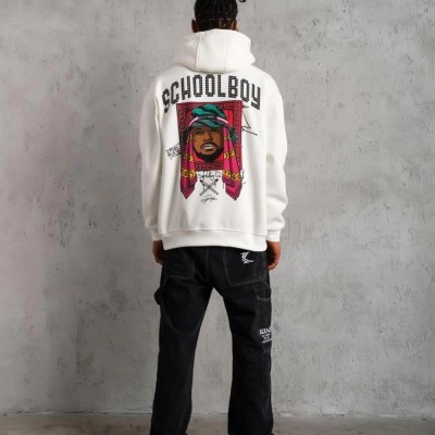 Erkek 3 İplik Pamuklu Kapüşonlu Baskılı Cepli Oversize Sweatshirt Hoodie - Beyaz