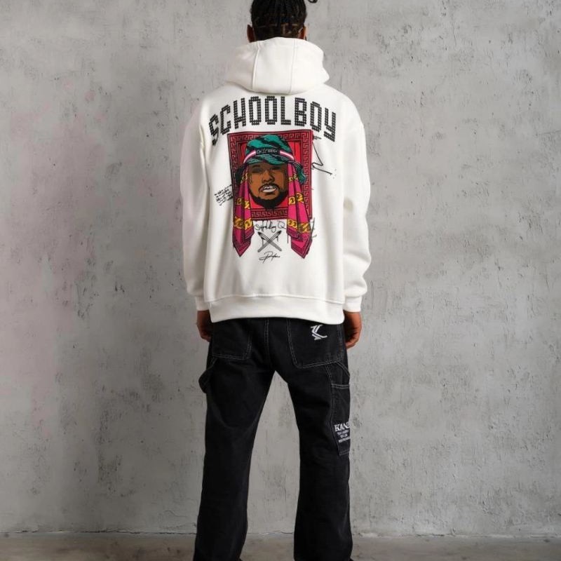 Erkek 3 İplik Pamuklu Kapüşonlu Baskılı Cepli Oversize Sweatshirt Hoodie - Beyaz