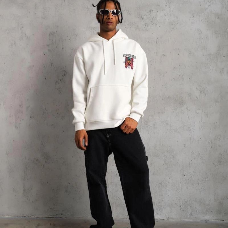 Erkek 3 İplik Pamuklu Kapüşonlu Baskılı Cepli Oversize Sweatshirt Hoodie - Beyaz