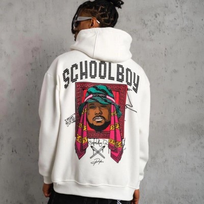 Erkek 3 İplik Pamuklu Kapüşonlu Baskılı Cepli Oversize Sweatshirt Hoodie - Beyaz