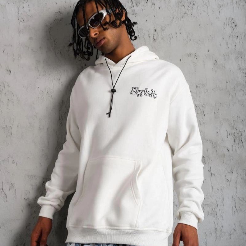 Erkek 3 İplik Pamuklu Kapüşonlu Baskılı Cepli Oversize Sweatshirt Hoodie - Beyaz
