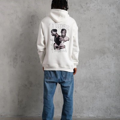 Erkek 3 İplik Pamuklu Kapüşonlu Baskılı Cepli Oversize Sweatshirt Hoodie - Beyaz