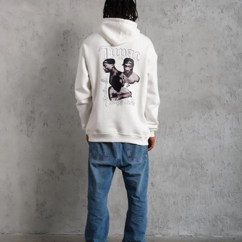 Erkek 3 İplik Pamuklu Kapüşonlu Baskılı Cepli Oversize Sweatshirt Hoodie - Beyaz