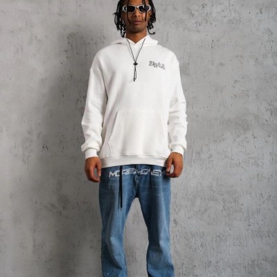 Erkek 3 İplik Pamuklu Kapüşonlu Baskılı Cepli Oversize Sweatshirt Hoodie - Beyaz