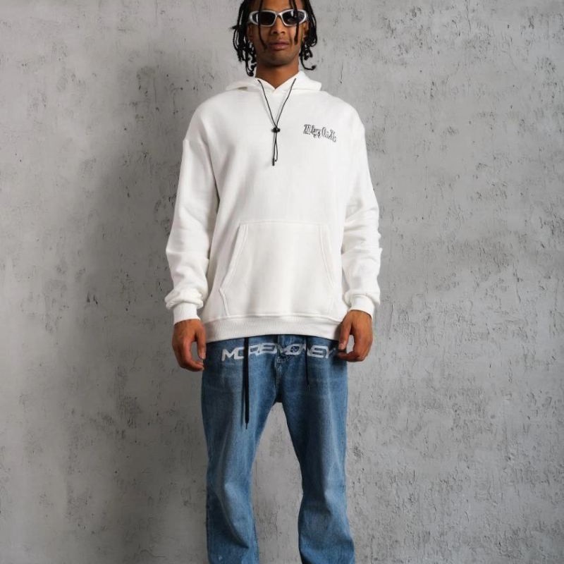 Erkek 3 İplik Pamuklu Kapüşonlu Baskılı Cepli Oversize Sweatshirt Hoodie - Beyaz