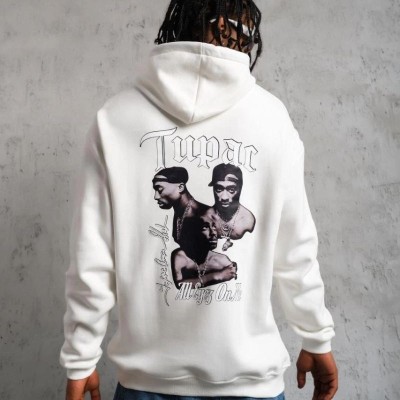 Erkek 3 İplik Pamuklu Kapüşonlu Baskılı Cepli Oversize Sweatshirt Hoodie - Beyaz