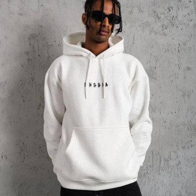 Erkek 3 İplik Pamuklu Kapüşonlu Baskılı Cepli Oversize Sweatshirt Hoodie - Beyaz