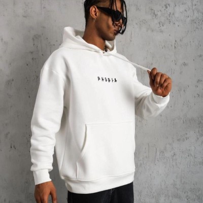 Erkek 3 İplik Pamuklu Kapüşonlu Baskılı Cepli Oversize Sweatshirt Hoodie - Beyaz