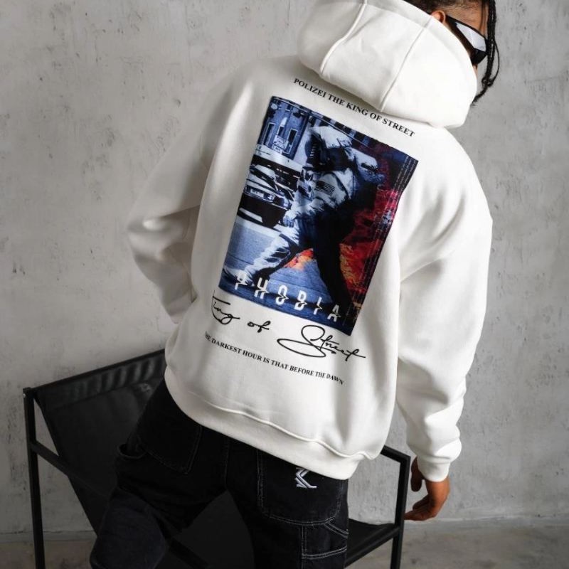 Erkek 3 İplik Pamuklu Kapüşonlu Baskılı Cepli Oversize Sweatshirt Hoodie - Beyaz