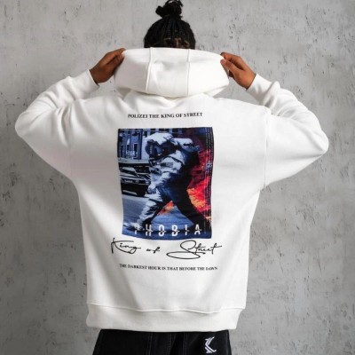 Erkek 3 İplik Pamuklu Kapüşonlu Baskılı Cepli Oversize Sweatshirt Hoodie - Beyaz