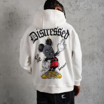 Erkek 3 İplik Pamuklu Kapüşonlu Baskılı Cepli Oversize Sweatshirt Hoodie - Beyaz