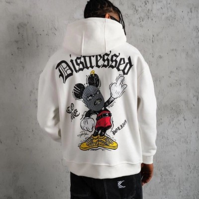Erkek 3 İplik Pamuklu Kapüşonlu Baskılı Cepli Oversize Sweatshirt Hoodie - Beyaz