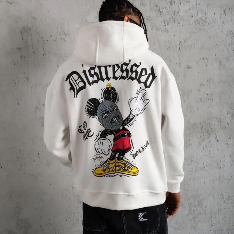 Erkek 3 İplik Pamuklu Kapüşonlu Baskılı Cepli Oversize Sweatshirt Hoodie - Beyaz