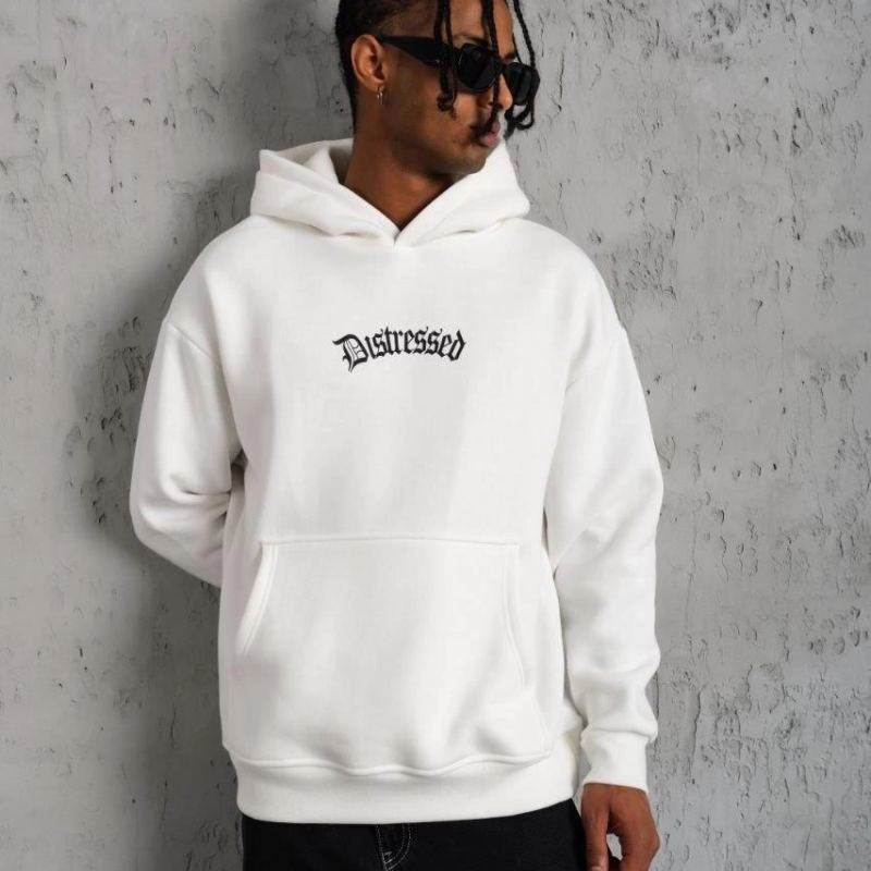 Erkek 3 İplik Pamuklu Kapüşonlu Baskılı Cepli Oversize Sweatshirt Hoodie - Beyaz