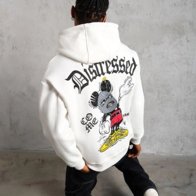 Erkek 3 İplik Pamuklu Kapüşonlu Baskılı Cepli Oversize Sweatshirt Hoodie - Beyaz