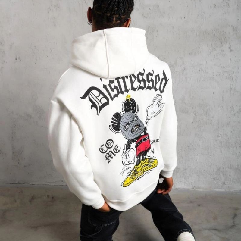 Erkek 3 İplik Pamuklu Kapüşonlu Baskılı Cepli Oversize Sweatshirt Hoodie - Beyaz