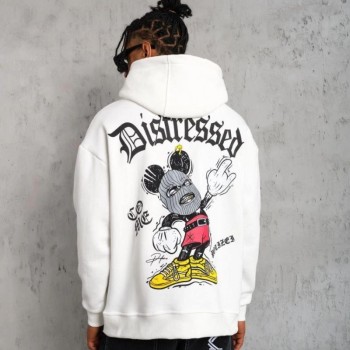 Erkek 3 İplik Pamuklu Kapüşonlu Baskılı Cepli Oversize Sweatshirt Hoodie - Beyaz