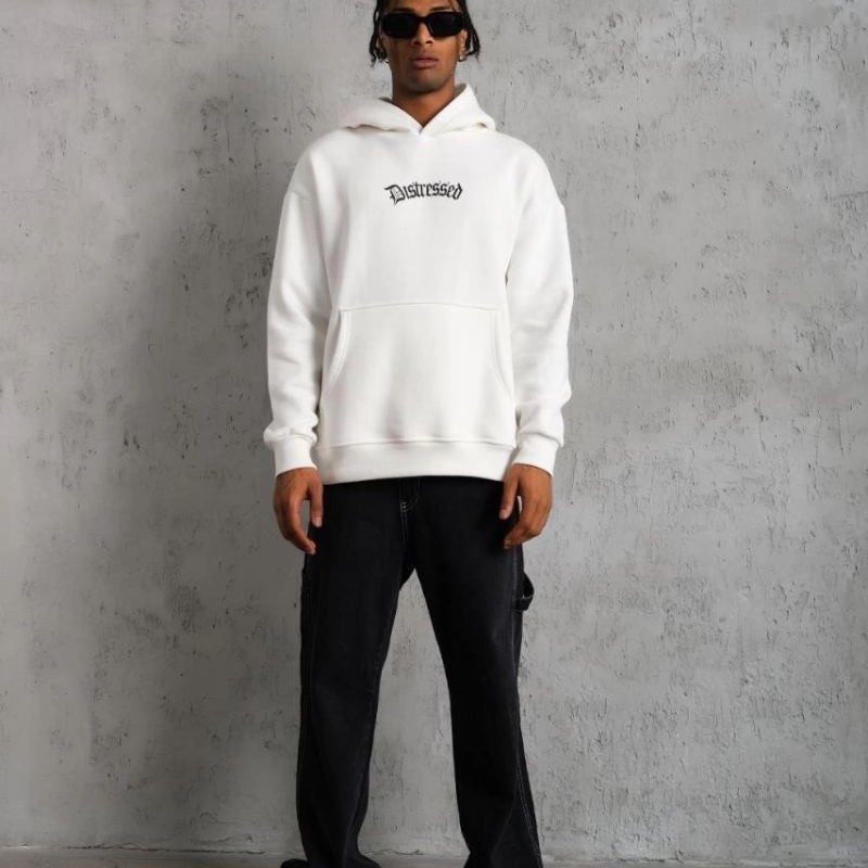 Erkek 3 İplik Pamuklu Kapüşonlu Baskılı Cepli Oversize Sweatshirt Hoodie - Beyaz