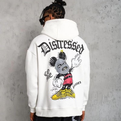 Erkek 3 İplik Pamuklu Kapüşonlu Baskılı Cepli Oversize Sweatshirt Hoodie - Beyaz