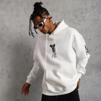 Erkek 3 İplik Pamuklu Kapüşonlu Baskılı Cepli Oversize Sweatshirt Hoodie - Beyaz