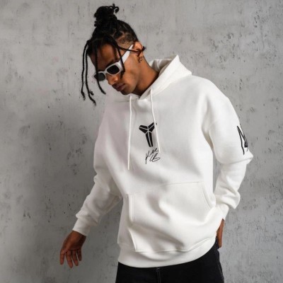Erkek 3 İplik Pamuklu Kapüşonlu Baskılı Cepli Oversize Sweatshirt Hoodie - Beyaz