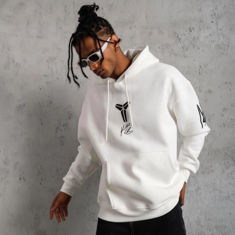 Erkek 3 İplik Pamuklu Kapüşonlu Baskılı Cepli Oversize Sweatshirt Hoodie - Beyaz