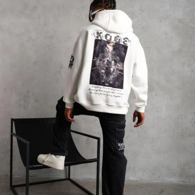 Erkek 3 İplik Pamuklu Kapüşonlu Baskılı Cepli Oversize Sweatshirt Hoodie - Beyaz