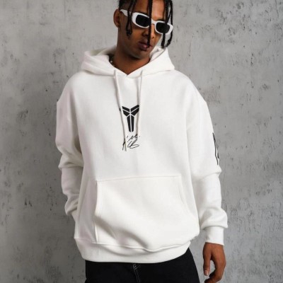 Erkek 3 İplik Pamuklu Kapüşonlu Baskılı Cepli Oversize Sweatshirt Hoodie - Beyaz