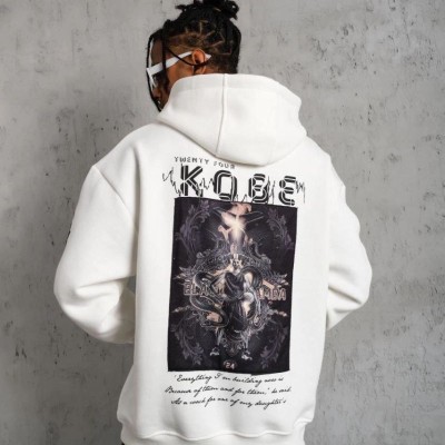 Erkek 3 İplik Pamuklu Kapüşonlu Baskılı Cepli Oversize Sweatshirt Hoodie - Beyaz