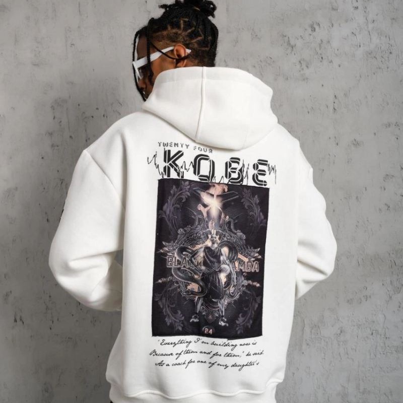 Erkek 3 İplik Pamuklu Kapüşonlu Baskılı Cepli Oversize Sweatshirt Hoodie - Beyaz