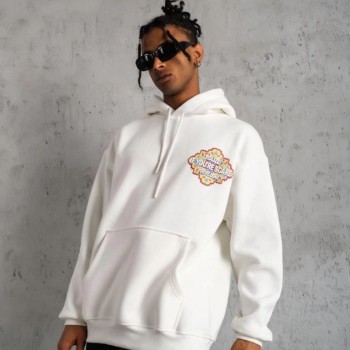 Erkek 3 İplik Pamuklu Kapüşonlu Baskılı Cepli Oversize Sweatshirt Hoodie - Beyaz