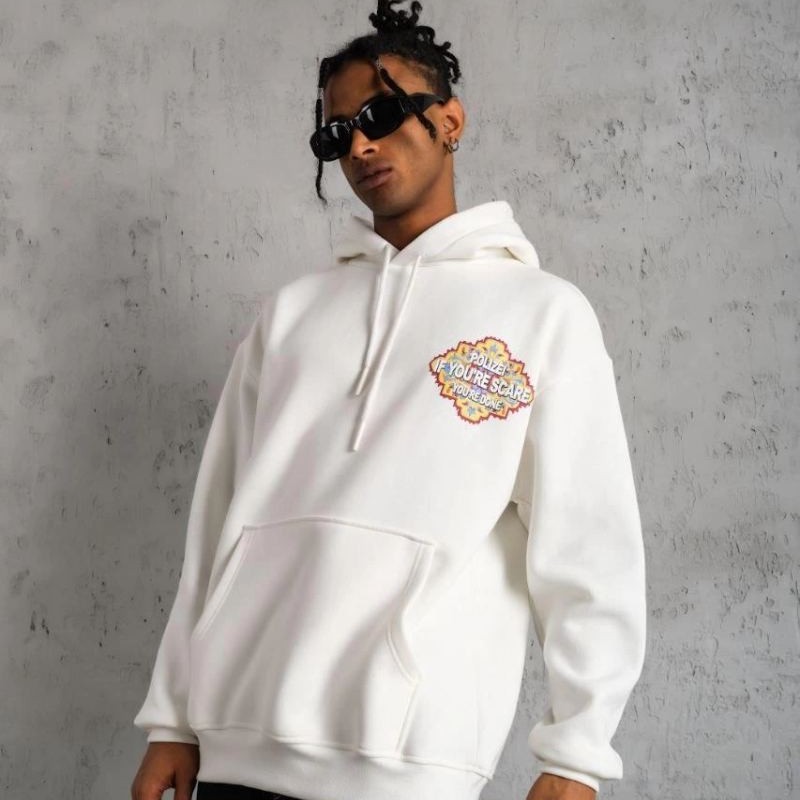 Erkek 3 İplik Pamuklu Kapüşonlu Baskılı Cepli Oversize Sweatshirt Hoodie - Beyaz