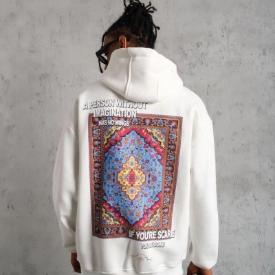 Erkek 3 İplik Pamuklu Kapüşonlu Baskılı Cepli Oversize Sweatshirt Hoodie - Beyaz