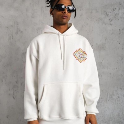 Erkek 3 İplik Pamuklu Kapüşonlu Baskılı Cepli Oversize Sweatshirt Hoodie - Beyaz