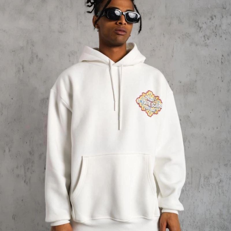 Erkek 3 İplik Pamuklu Kapüşonlu Baskılı Cepli Oversize Sweatshirt Hoodie - Beyaz