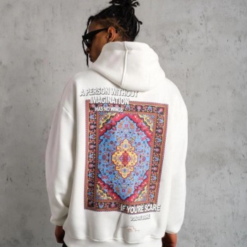 Erkek 3 İplik Pamuklu Kapüşonlu Baskılı Cepli Oversize Sweatshirt Hoodie - Beyaz