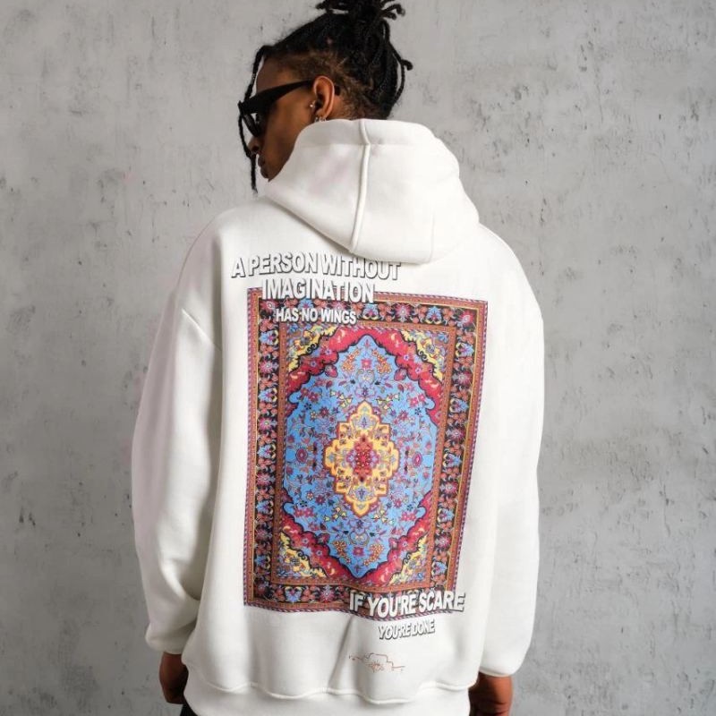 Erkek 3 İplik Pamuklu Kapüşonlu Baskılı Cepli Oversize Sweatshirt Hoodie - Beyaz