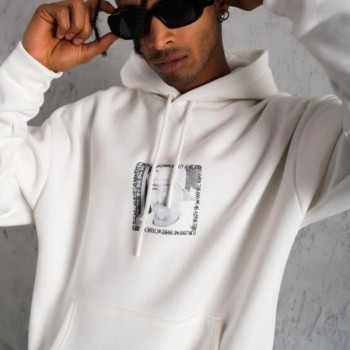 Erkek 3 İplik Pamuklu Kapüşonlu Baskılı Cepli Oversize Sweatshirt Hoodie - Beyaz