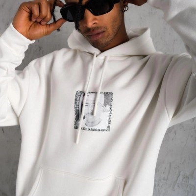 Erkek 3 İplik Pamuklu Kapüşonlu Baskılı Cepli Oversize Sweatshirt Hoodie - Beyaz