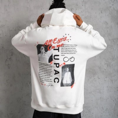 Erkek 3 İplik Pamuklu Kapüşonlu Baskılı Cepli Oversize Sweatshirt Hoodie - Beyaz