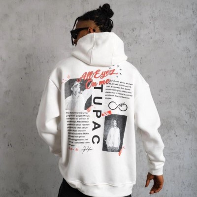 Erkek 3 İplik Pamuklu Kapüşonlu Baskılı Cepli Oversize Sweatshirt Hoodie - Beyaz