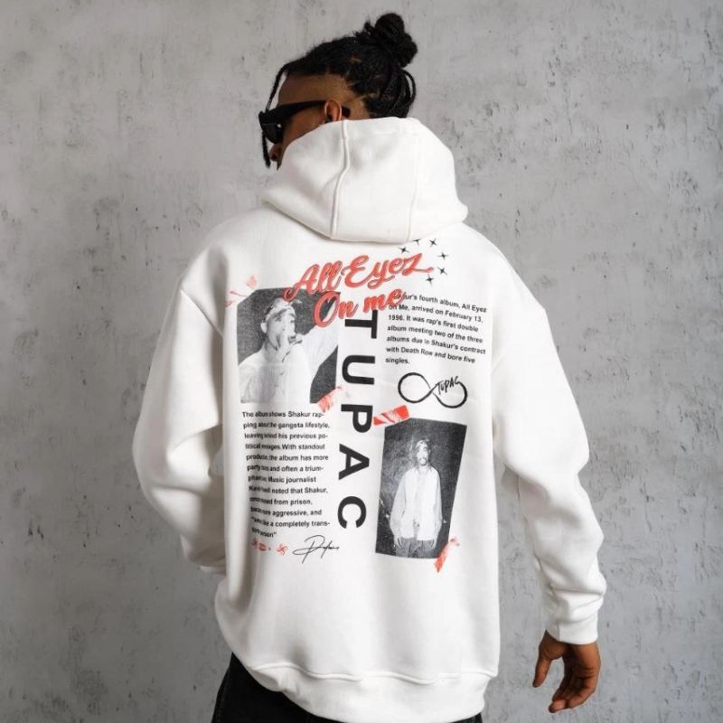 Erkek 3 İplik Pamuklu Kapüşonlu Baskılı Cepli Oversize Sweatshirt Hoodie - Beyaz
