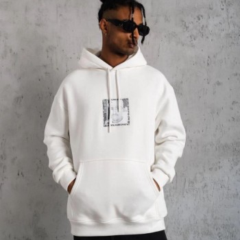 Erkek 3 İplik Pamuklu Kapüşonlu Baskılı Cepli Oversize Sweatshirt Hoodie - Beyaz
