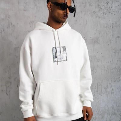Erkek 3 İplik Pamuklu Kapüşonlu Baskılı Cepli Oversize Sweatshirt Hoodie - Beyaz