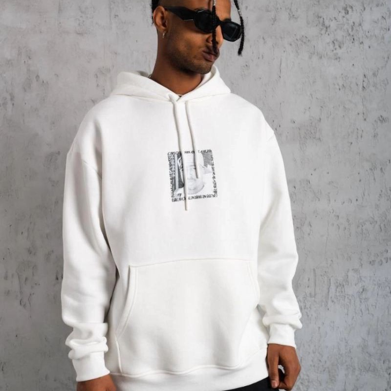 Erkek 3 İplik Pamuklu Kapüşonlu Baskılı Cepli Oversize Sweatshirt Hoodie - Beyaz